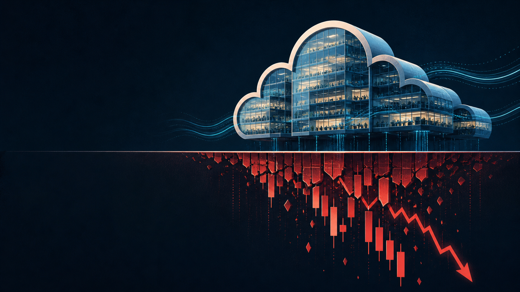 A cloud-shaped office building, fully lit and busy above the horizon line, while below it a cascade of red candlesticks and a plunging arrow fall away into the dark.