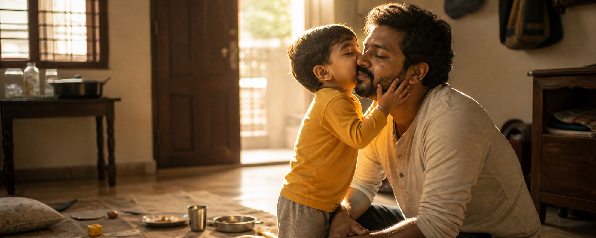 A small child in a yellow shirt leaning in to kiss their father on the cheek, the two of them sitting together on the floor of a sunlit home.