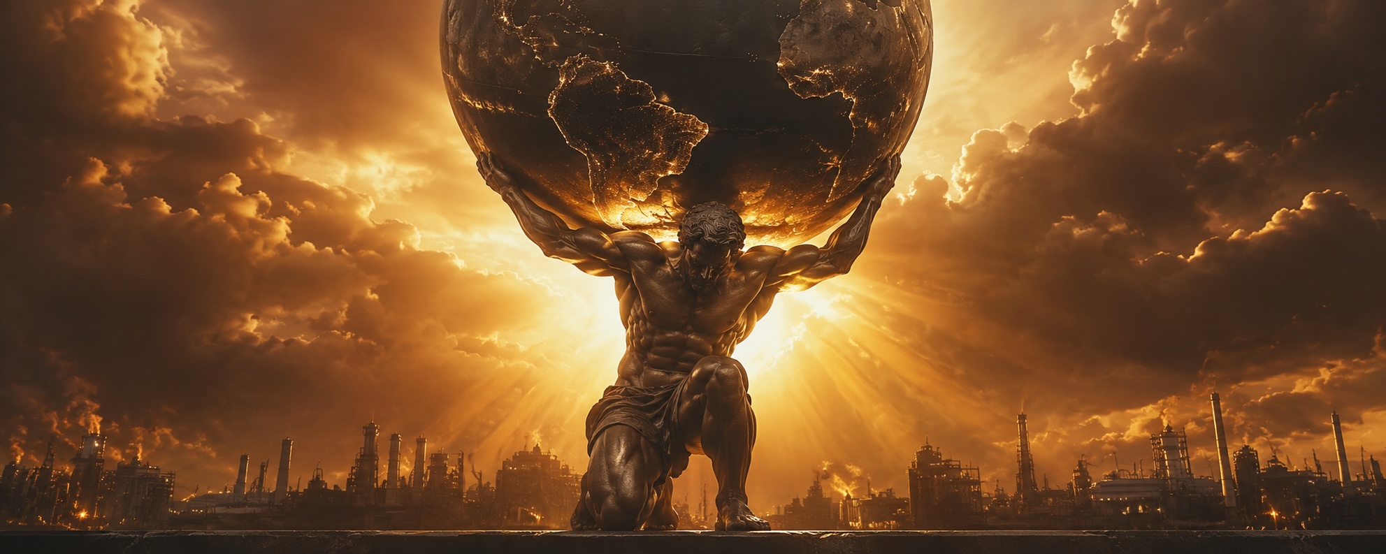 A bronze Atlas figure kneeling beneath a glowing globe, holding it aloft against a golden sky above a silhouetted skyline of refineries and cranes.