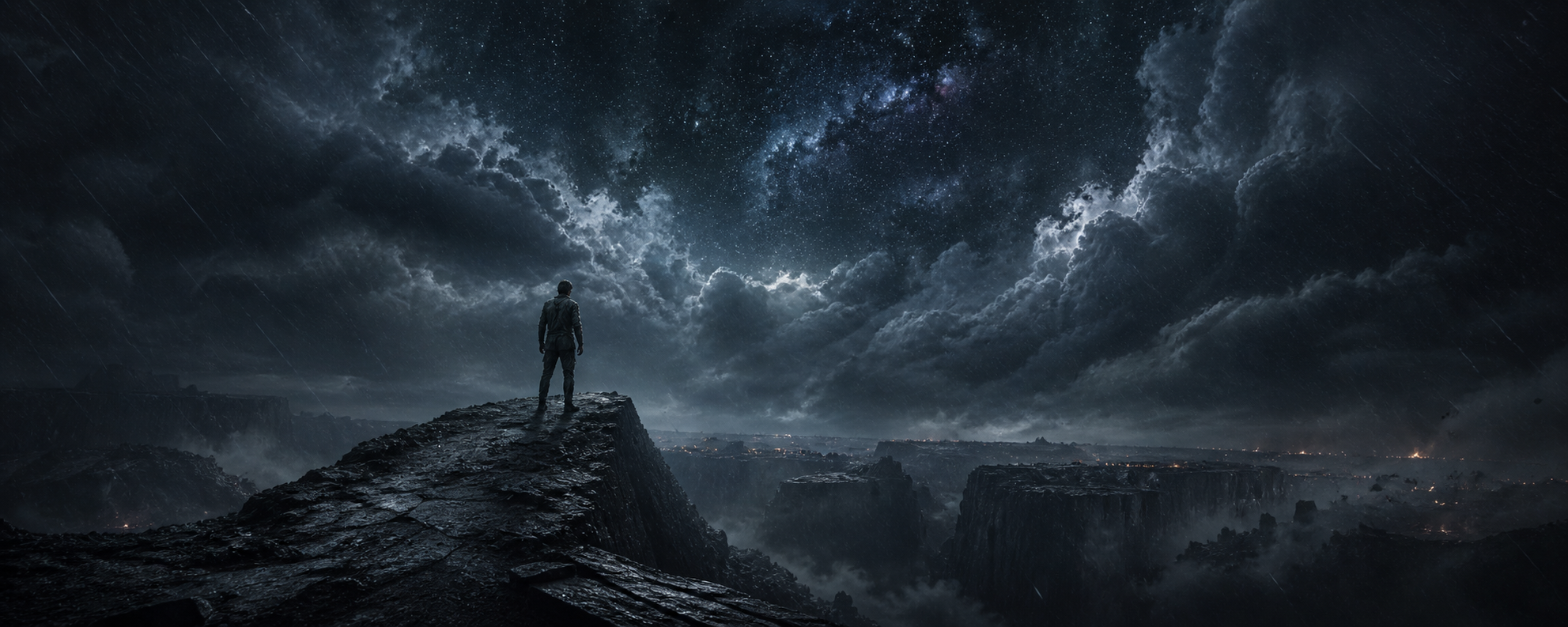 A lone figure standing on a rocky outcrop in the rain, facing a vast storm-torn sky that breaks open to stars above a dark, cratered landscape.