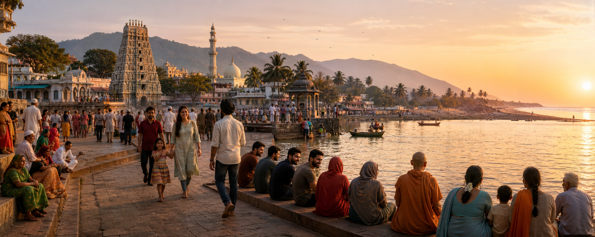 A riverside ghat at sunset where a temple gopuram, a minaret and a mosque dome stand side by side, with families of many faiths seated together along the steps.