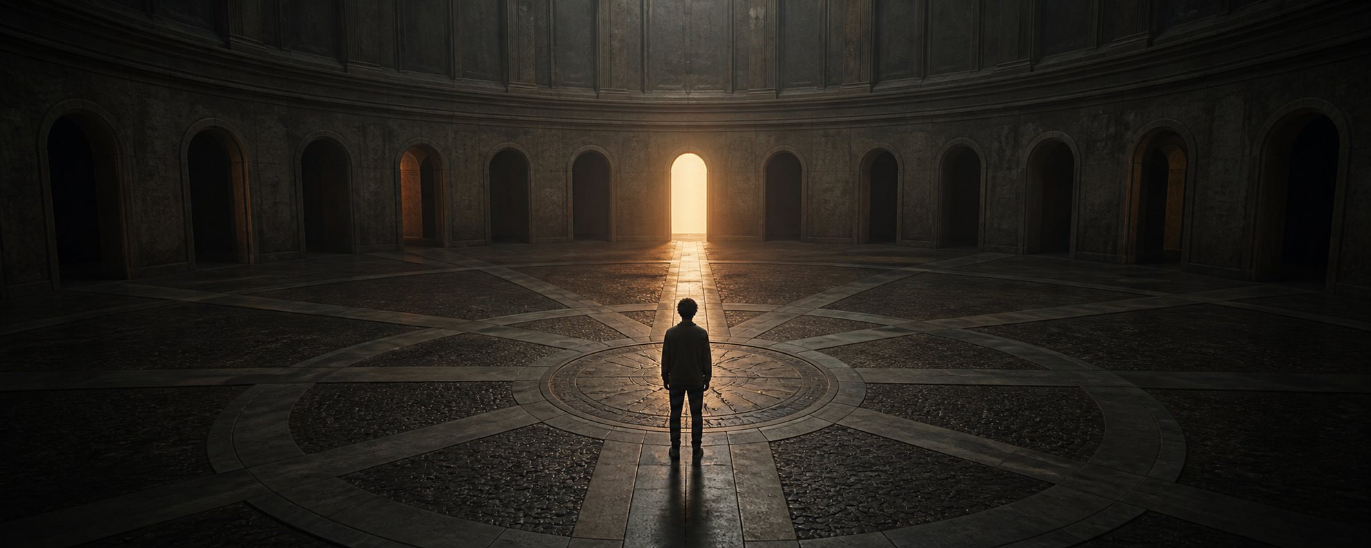 A solitary figure standing at the centre of a vast circular stone hall, facing a single doorway filled with warm light.