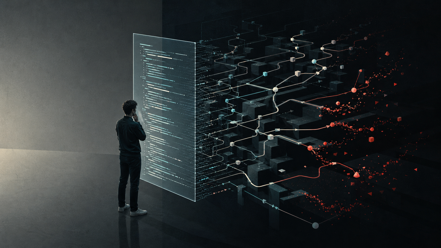 A developer studying a wall of code that fans out into a sprawling dependency graph, its branches breaking into red fragments at the far edge.