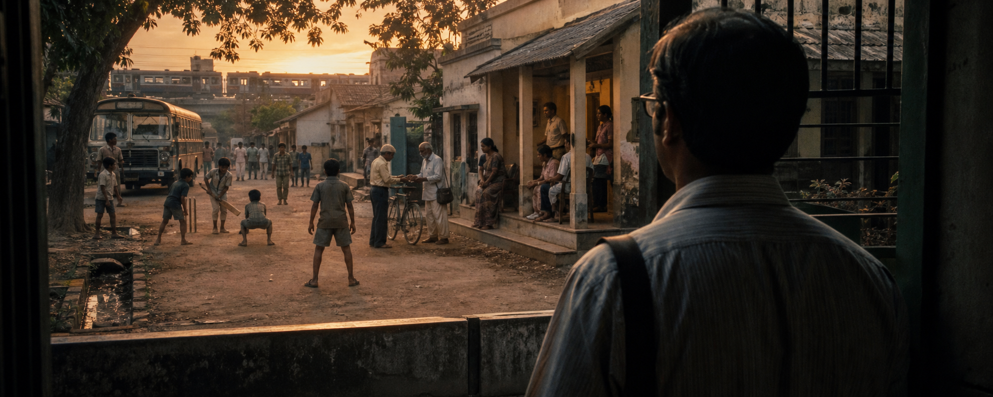 A man looking out from a doorway onto a dusty small-town street at dusk, where boys play cricket, an old bus waits and neighbours sit talking on verandas.